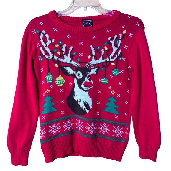 Reindeer Christmas Sweater – XS/S – Red Holiday Knit – Lights & Ornaments - Picture 1 of 5